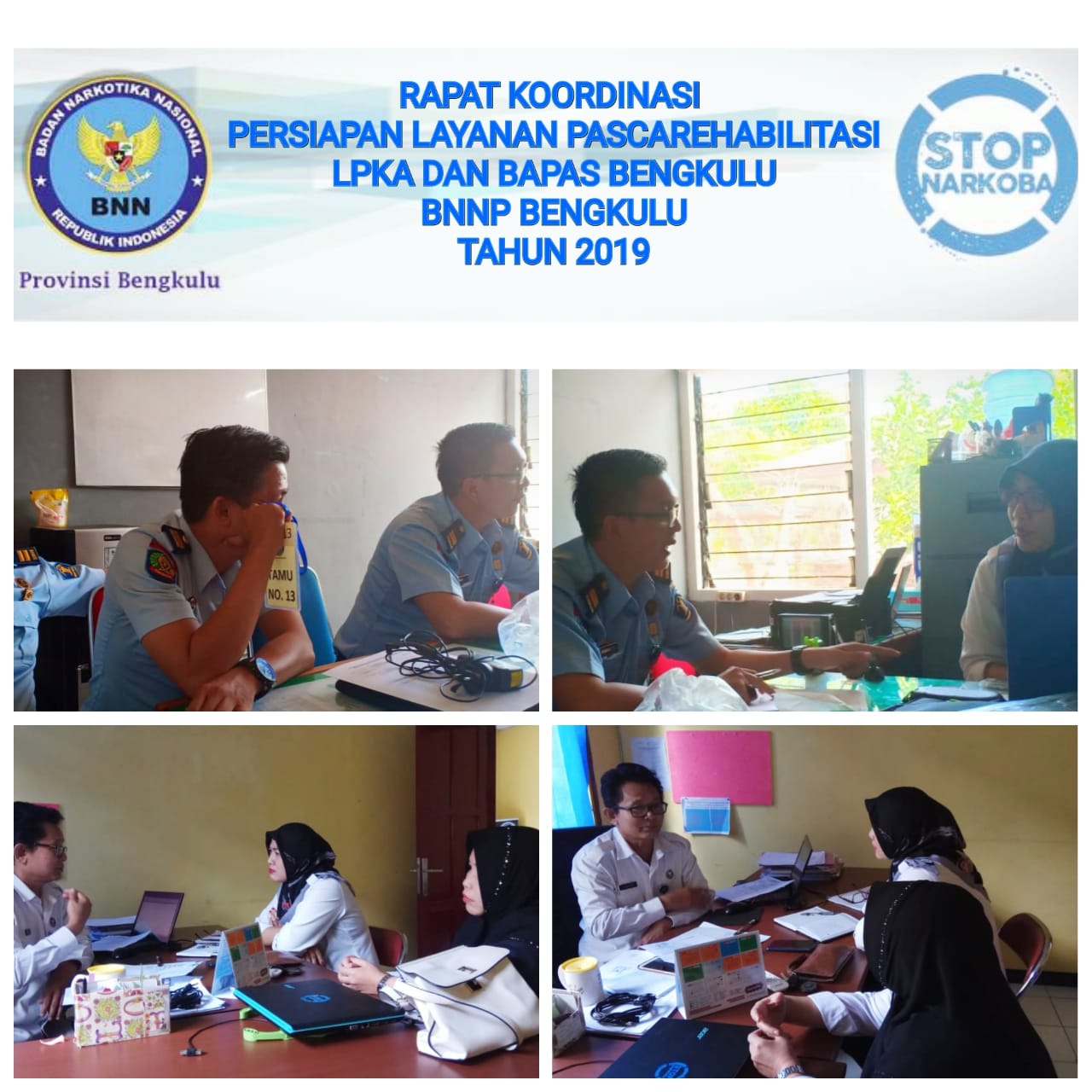 Kegiatan Rapat Koordinasi Layanan Pascarehabilitasi BNNP Bengkulu Tahun 2019 di LPKA dan Bapas Bengkulu. Kegiatan Rapat Koordinasi Layanan Pascarehabilitasi BNNP Bengkulu Tahun 2019 di LPKA dan Bapas Bengkulu.