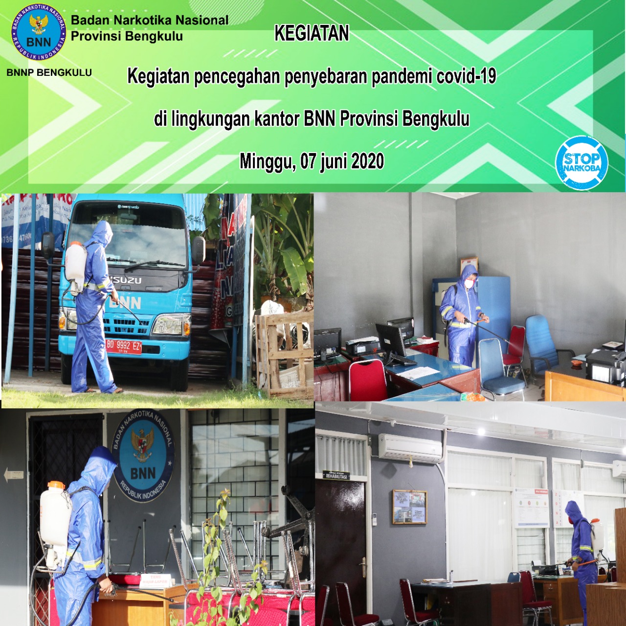 Kegiatan pencegahan penyebaran Pandemi Covid-19 di lingkungan kantor BNNP Bengkulu Kegiatan pencegahan penyebaran Pandemi Covid-19 di lingkungan kantor BNNP Bengkulu