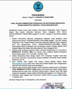 Pengumuman Hasil Seleksi Administrasi CPNS BNN T.A. 2021 Pengumuman Hasil Seleksi Administrasi CPNS BNN T.A. 2021