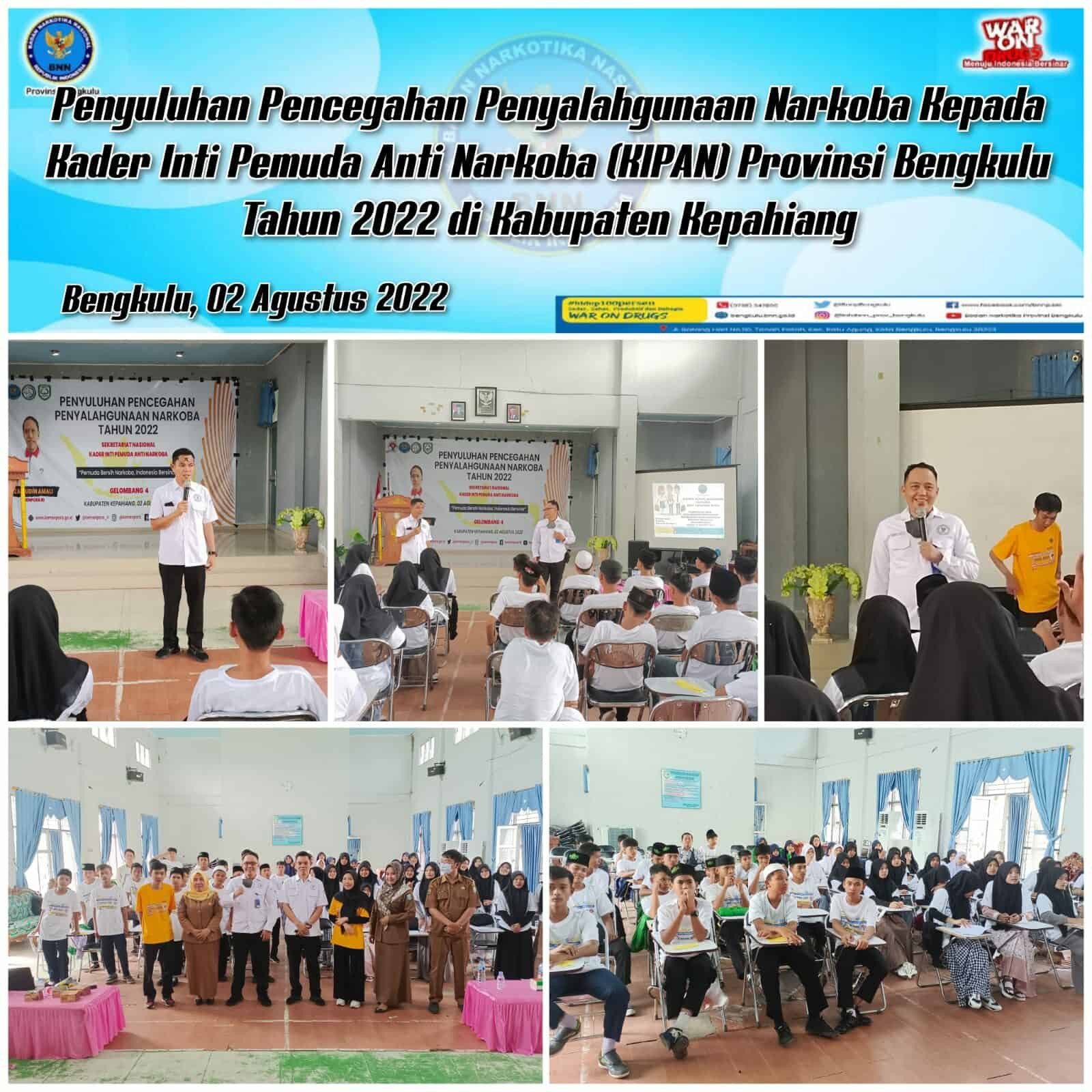 Penyuluhan Pencegahan Penyalahgunaan Narkoba Kepada Kader Inti Pemuda Anti Narkoba (KIPAN) Provinsi Bengkulu Tahun 2022 di Kabupaten Kepahiang Penyuluhan Pencegahan Penyalahgunaan Narkoba Kepada Kader Inti Pemuda Anti Narkoba (KIPAN) Provinsi Bengkulu Tahun 2022 di Kabupaten Kepahiang