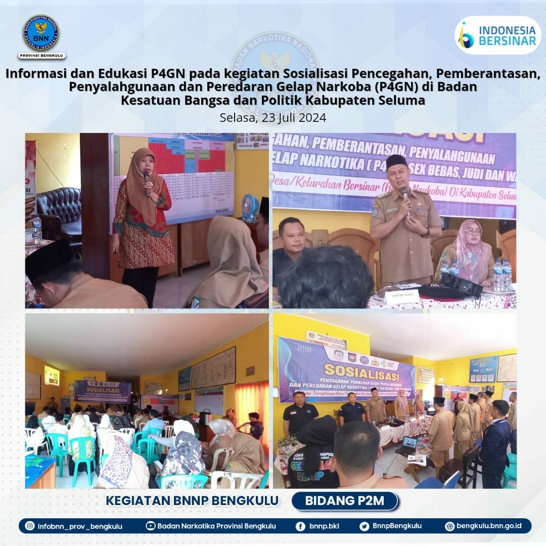 Informasi dan Edukasi P4GN pada kegiatan Sosialisasi Pencegahan, Pemberantasan, Penyalahgunaan dan Peredaran Gelap Narkoba (P4GN) di Badan Kesatuan Bangsa dan Politik Kabupaten Seluma Informasi dan Edukasi P4GN pada kegiatan Sosialisasi Pencegahan, Pemberantasan, Penyalahgunaan dan Peredaran Gelap Narkoba (P4GN) di Badan Kesatuan Bangsa dan Politik Kabupaten Seluma
