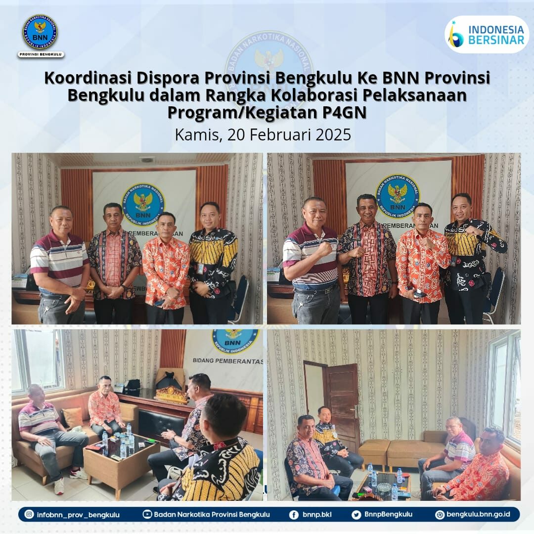 Koordinasi Dispora Provinsi Bengkulu Ke BNN Provinsi Bengkulu dalam Rangka Kolaborasi Pelaksanaan Program/Kegiatan P4GN Koordinasi Dispora Provinsi Bengkulu Ke BNN Provinsi Bengkulu dalam Rangka Kolaborasi Pelaksanaan Program/Kegiatan P4GN